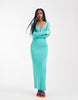 Kaiia exclusive rib knit plunge v-neck flared sleeves thigh slit maxi dress in turquoise