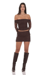 Lace Ruched Mini Skirt in Brown