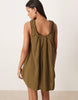 ruched neck mini sundress in olive performance fabric