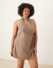 Curve cotton linen blend halter neck wrap mini sundress in ash brown