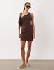 structured rib knit one shoulder mini dress in chocolate