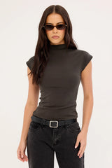 Luck & Trouble Mock Neck Fitted Tee Charcoal