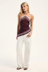 Perfect Stranger Valetta Stripe Halter Top Burgundy Print