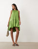 satin mini racer dress with asym bubble hem in green