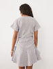 short sleeve mini dress with ruching tie waist detail in blue and brown plaid