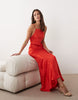 square neck satin and chiffon mix maxi dress in coral