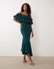lace mix bardot off shoulder ruffle midi dress in teal