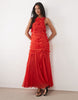 sleeveless maxi dress with tendril details in red