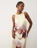 YAS placement orchid print satin racer maxi dress in pale yellow