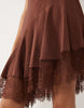 slip lace trim mini dress with asymmetric hem in chocolate