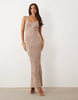 Wanderdoll Sunnie knit abstract detail tie back maxi dress in light brown