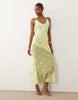 mesh spliced polka dot plunge maxi dress with backless frill detail in lemon
