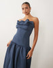 scrunched bandeau bubble hem midi dress in denim blue scuba-style fabric