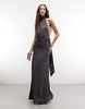 Weekday halter neck scarf detail maxi dress with drop waist in dark gray