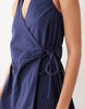 cotton-linen blend halter neck wrap mini sundress in navy