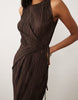 plisse sleeveless wrap tie front maxi dress in brown