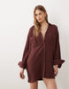 double cloth mini shirt dress with wide cuffs and oversized pockets in warm chocolate