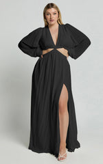 Paige Maxi Dress - Side Cut Out Balloon Sleeve Dress in Black