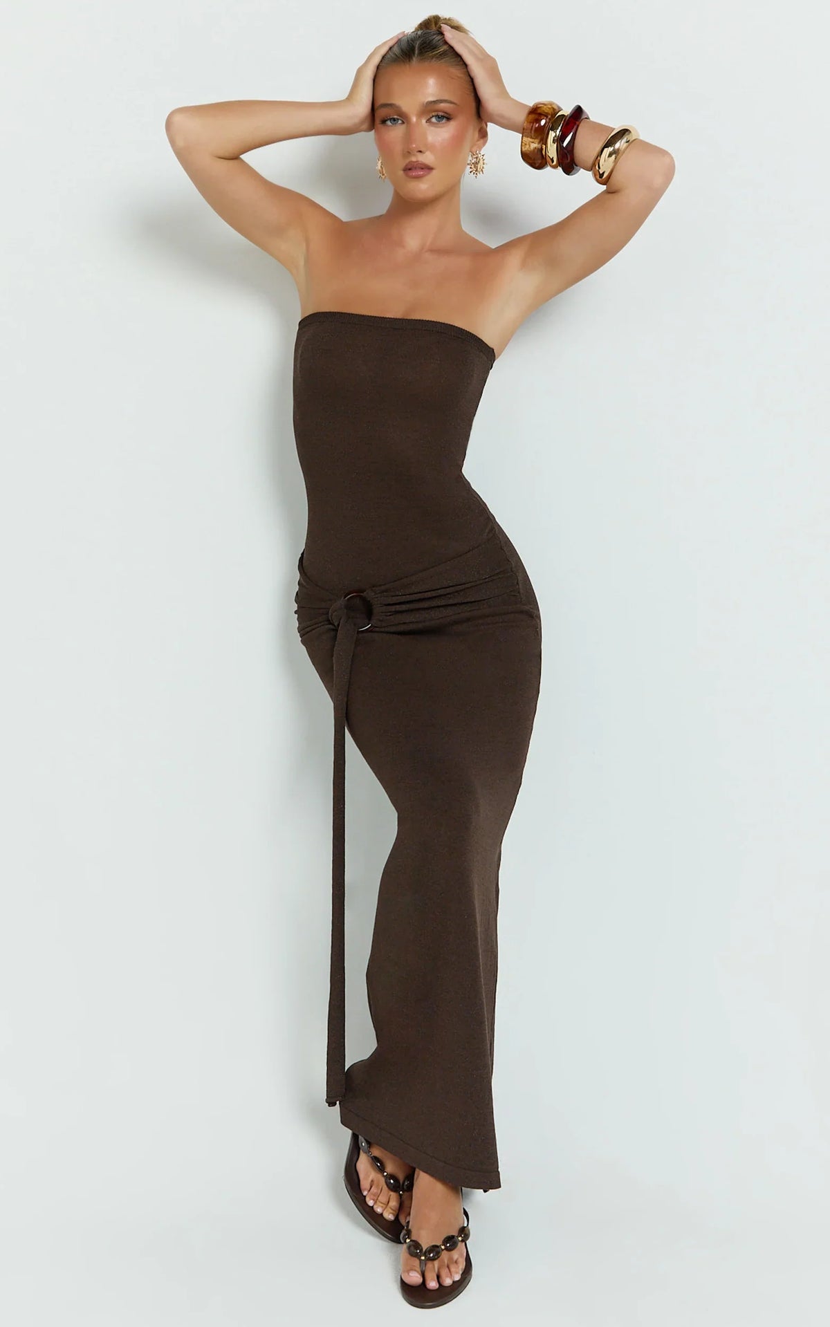 Viviana Maxi Dress - Knit Strapless Tie Waist Maxi Dress in Chocolate