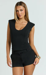 Gail Top - Sleeveless Square Shoulder Pad Deep V Jersey Top in Black