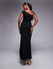 crepe one shoulder gathered midi dress with split in black in scuba-style fabric