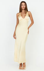 Khalani Maxi Dress - Deep V Neck Satin Slip Dress in Butter Yellow