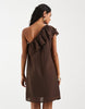 PIECES one shoulder frill trim mini dress in coffee brown