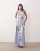 ARRANGE botanical floral embroidered one shoulder maxi dress in dusky blue