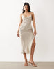 crinkle satin scoop neck cami midi dress with floral embellishment in silver