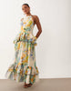 pinny double layer maxi dress with ruffle detail in blue and yellow abstract print
