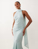 halter maxi dress with scarf detail and ruffle hem in blue