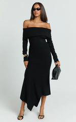 Karina Midi Dress - Long Sleeve Folded Off Shoulder Asymmetric Dress in Black