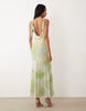 printed floral mesh deep scoop exposed seam maxi dress with low back in sage