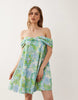 off-shoulder bandeau mini dress in green floral print