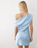 satin one shoulder drape mini dress in light blue