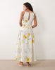 structured cotton sateen tie bust dropped waist maxi sundress in painted blue & yellow floral with gingham tie straps