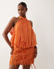 pleated halter neck draped embellished mini dress in orange