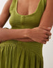 crinkle button up midi dress in olive