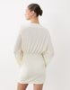 SNDYS premium jersey deep cowl neck flared sleeve mini dress in off-white
