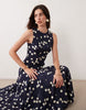 racer neck maxi dress with godets in navy polka dots