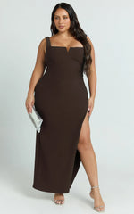 Thelma Maxi Dress - Square Neck Bodycon Dress in Chocolate