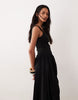 basque waist midi dress with woven skirt in black