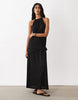 textured jersey wrap scarf detail maxi dress in black