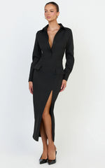 Henley Midi Dress - Long Sleeve Fitted Shirt Dress in Black