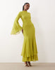 long sleeve high neck maxi dress with ruffle godets and flute sleeves in olive green