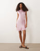 slash neck satin mini dress with lace hem in pink