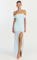 Leticia Maxi Dress - Mesh Off Shoulder Ruched High Split Dress in Blue