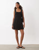 denim mini dress with crochet trim detail in black