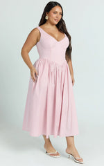 Beckett Midi Dress - Scoop Neck Drop V Waist Gathered Skirt Dress in Pink