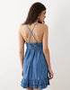 denim v neck mini dress with frill detail in mid blue